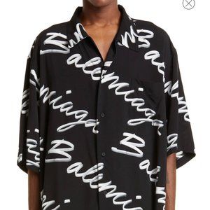 Balenciaga Scribble Print Short Sleeve Logo Button-Up Shirt